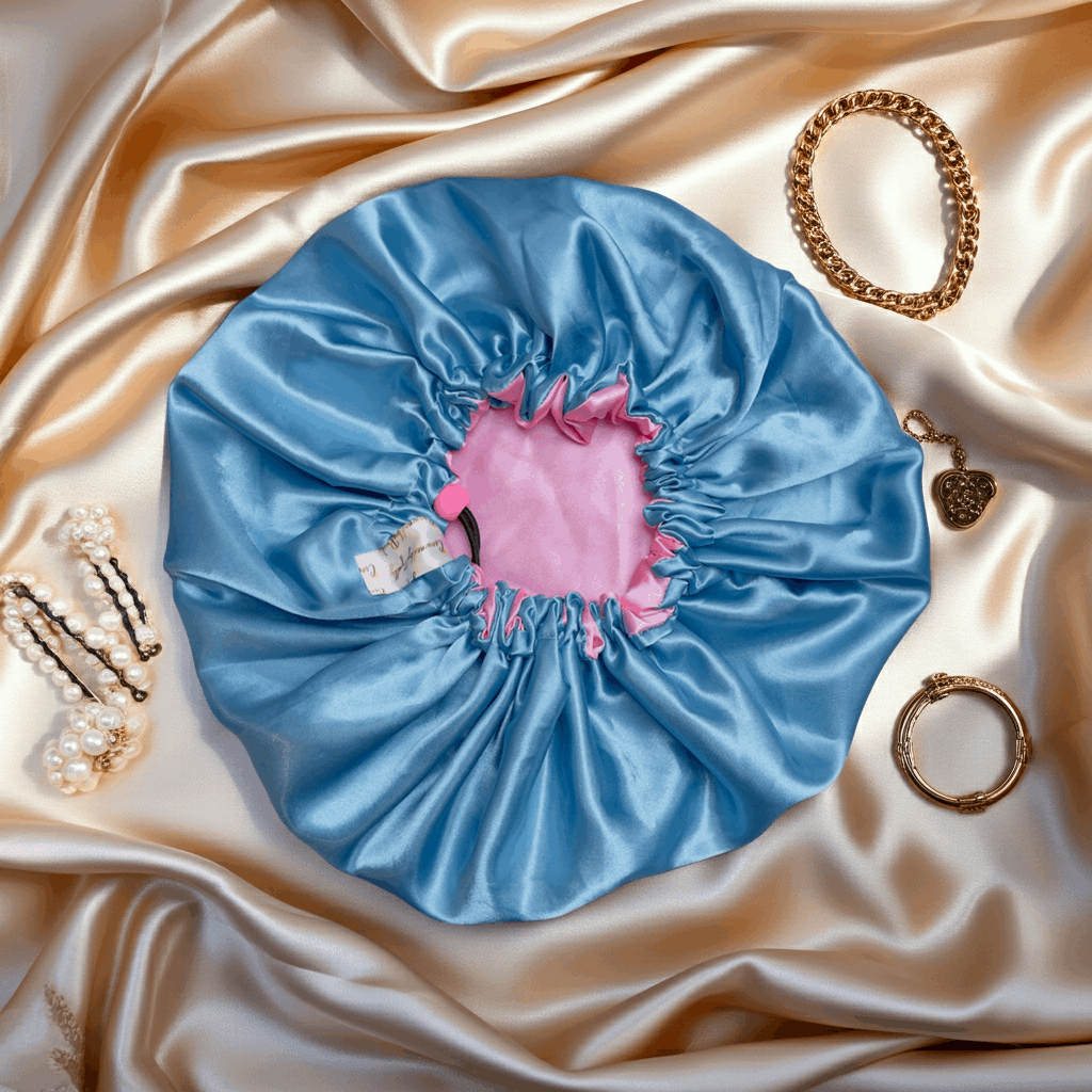 Blue satin hair bonnet with pink interior on a satin surface with jewelry.
