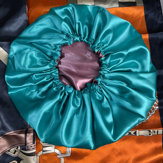 Dusty Rose & Aqua – Reversible Satin Bonnet (Adjustable Drawstring)