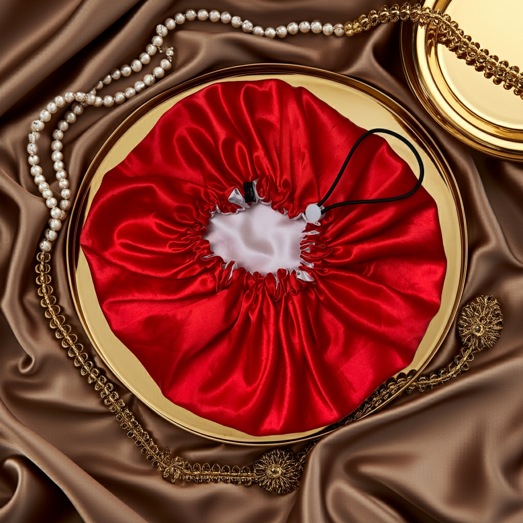 Red satin drawstring bonnet on a gold circular base with pearls and jewelry on a brown fabric background
