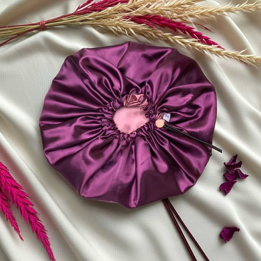 Purple satin hair bonnet on a light fabric background with dried flowers.