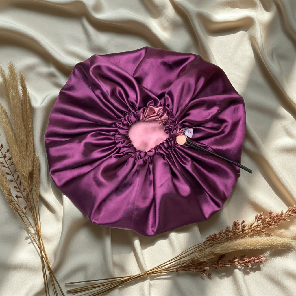 Purple satin hair bonnet on a beige fabric background with dried grasses.