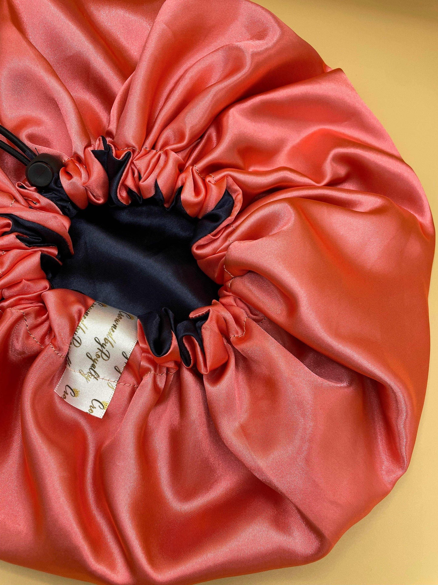 Black and Peach Pink - Satin Bonnet Drawstring - Crowned by Royalty