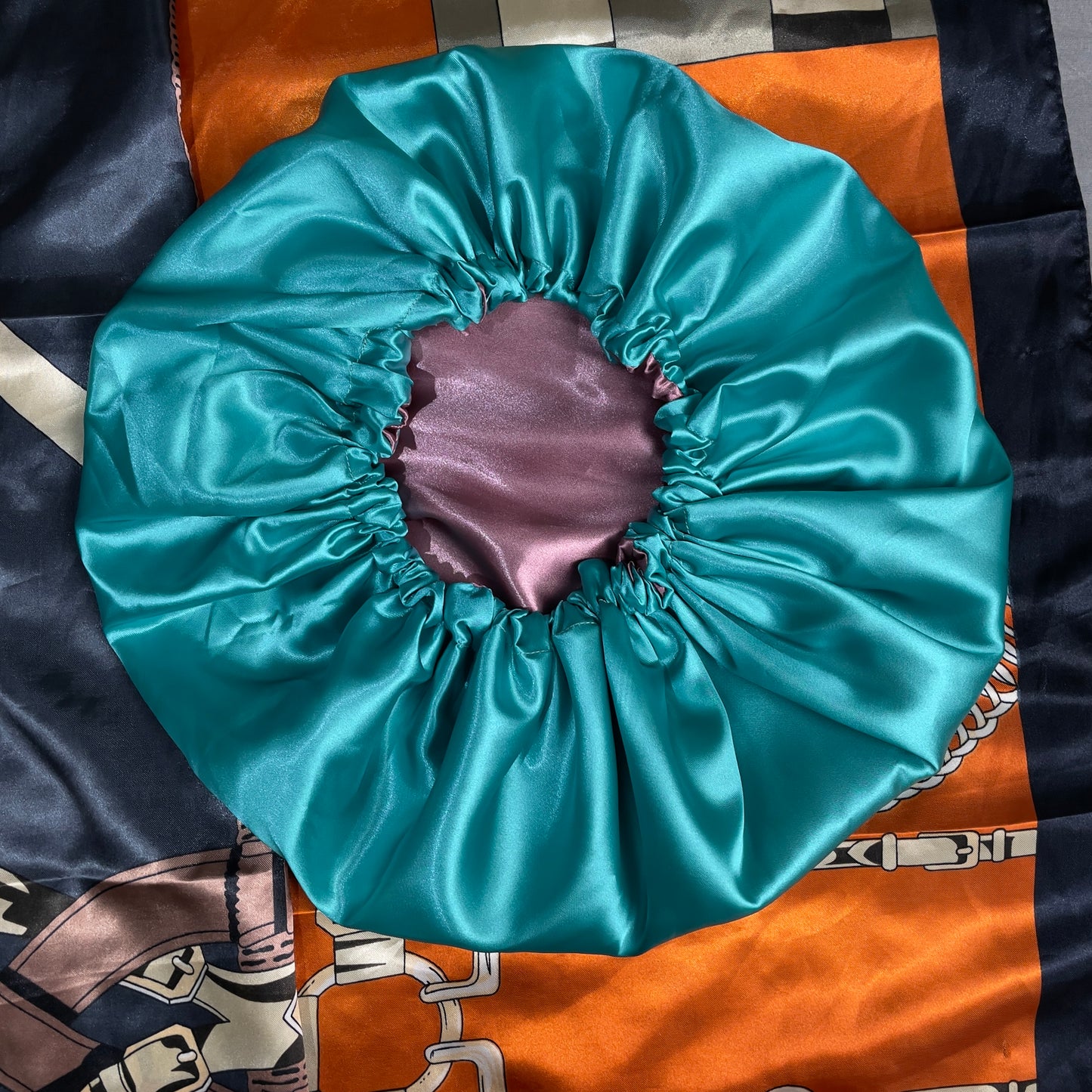 Dusty Rose & Aqua – Reversible Satin Bonnet (Adjustable Drawstring)