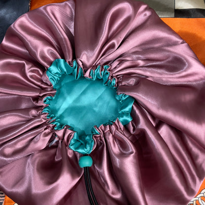 Dusty Rose & Aqua – Reversible Satin Bonnet (Adjustable Drawstring)