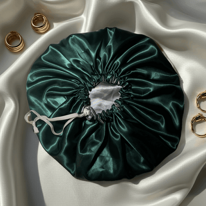 Emerald & Silver – Reversible Satin Bonnet | Adjustable Drawstring Hair Protection