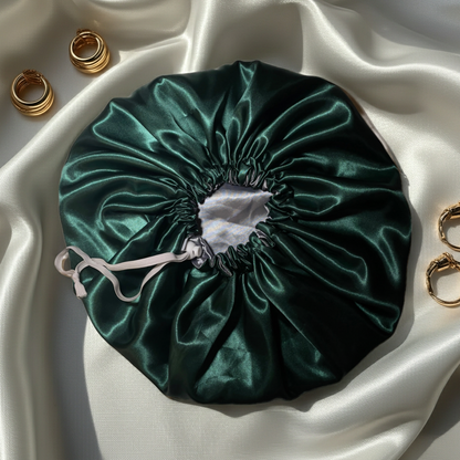 Emerald & Silver – Reversible Satin Bonnet | Adjustable Drawstring Hair Protection