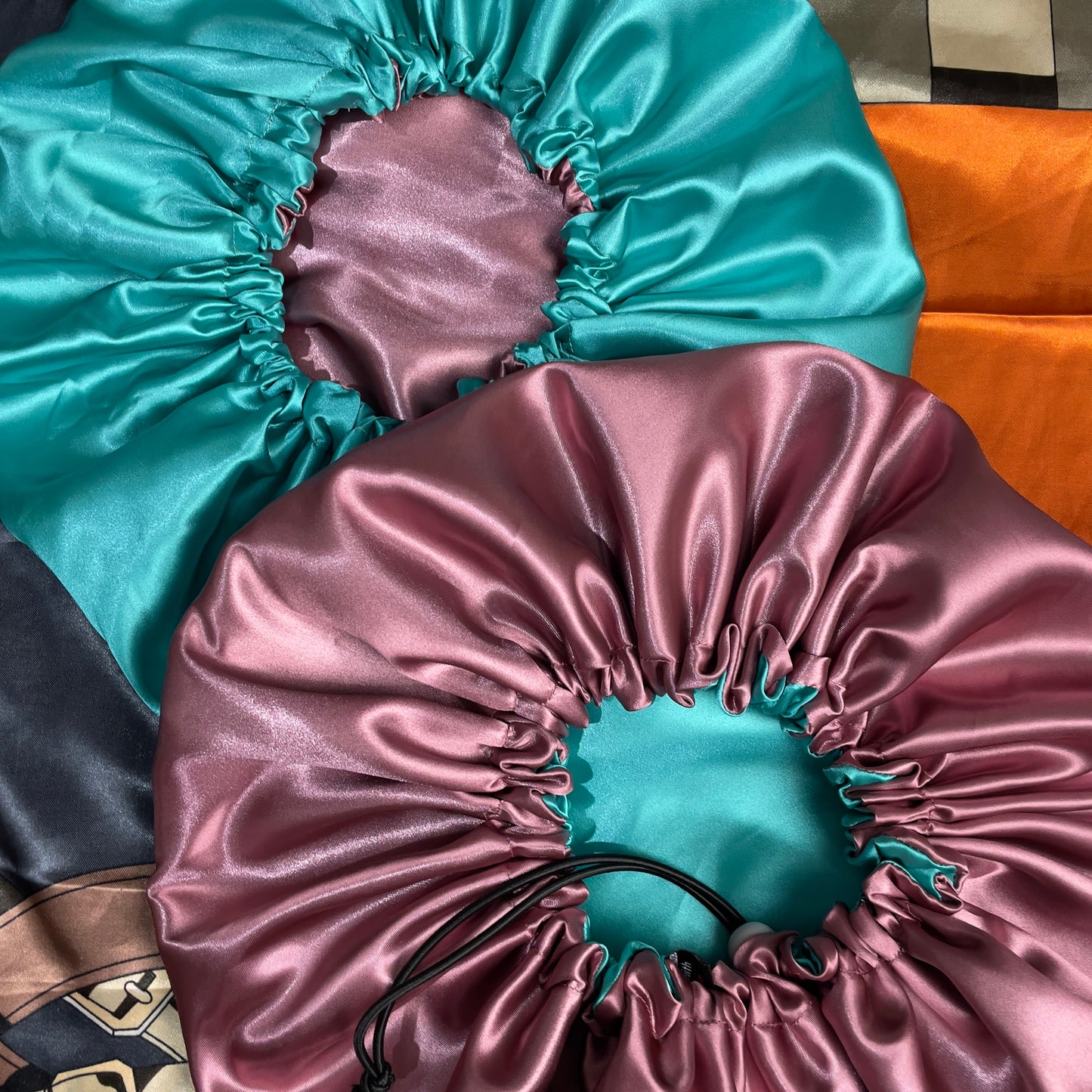 Dusty Rose & Aqua – Reversible Satin Bonnet (Adjustable Drawstring)