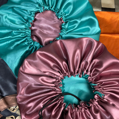 Dusty Rose & Aqua – Reversible Satin Bonnet (Adjustable Drawstring)