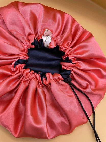 Black and Peach Pink - Satin Bonnet Drawstring - Crowned by Royalty