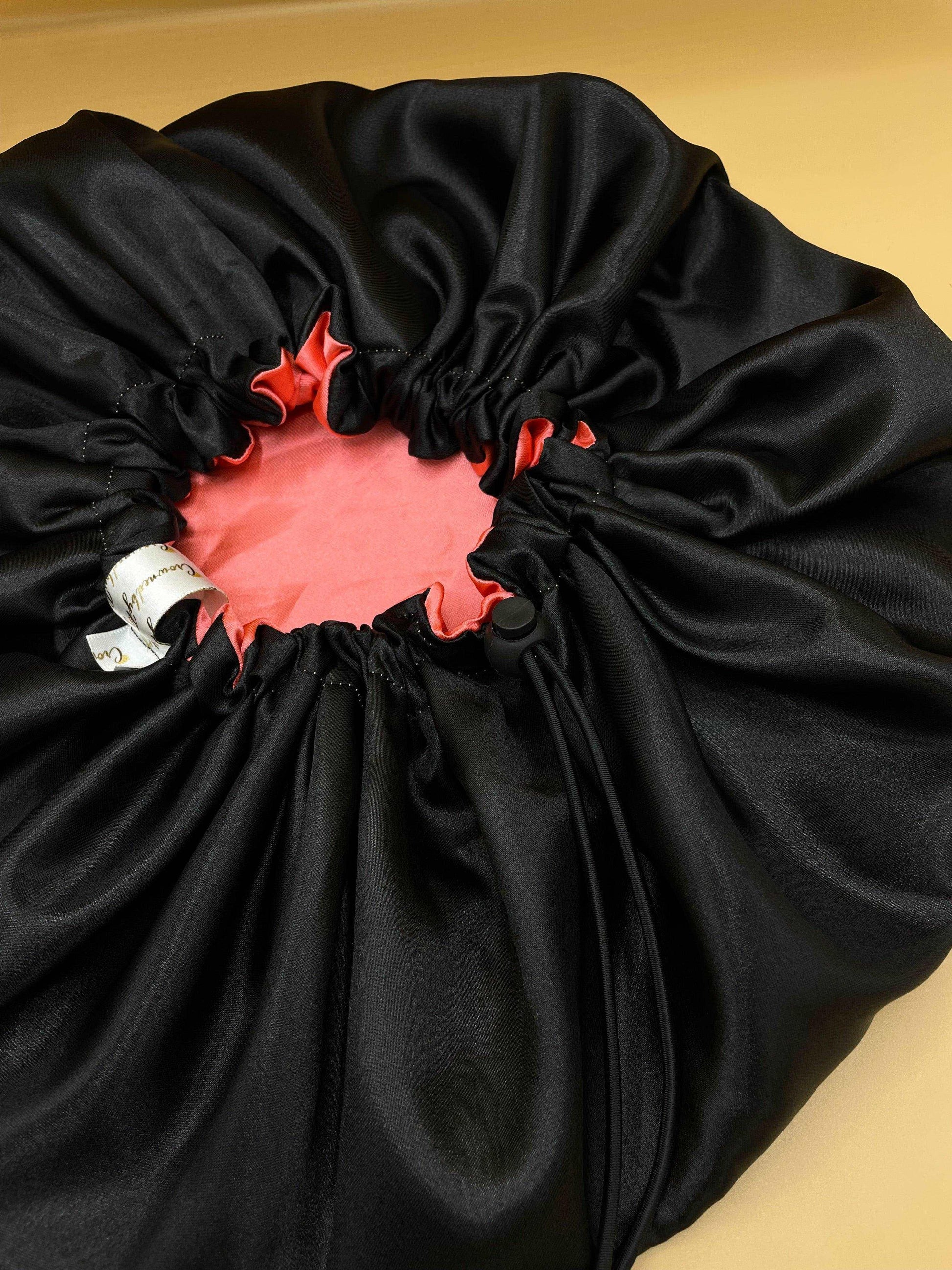 Black and Peach Pink - Satin Bonnet Drawstring - Crowned by Royalty