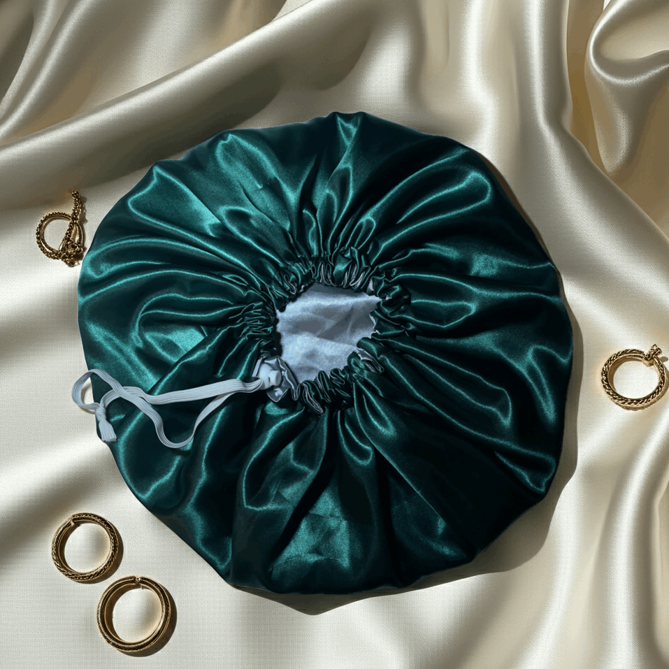 Green satin bonnet on a beige satin surface with gold hair ties.