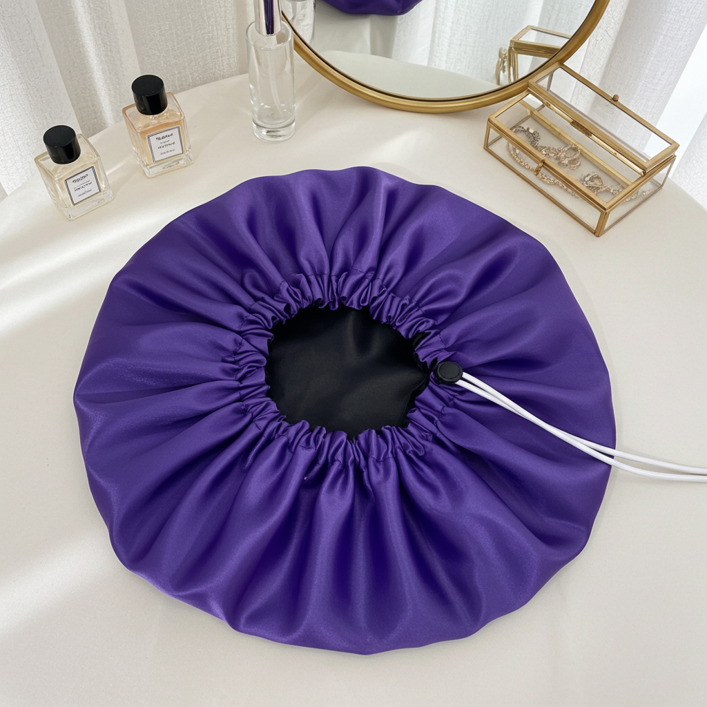 Purple drawstring bag on a white surface with a mirror and small items in the background