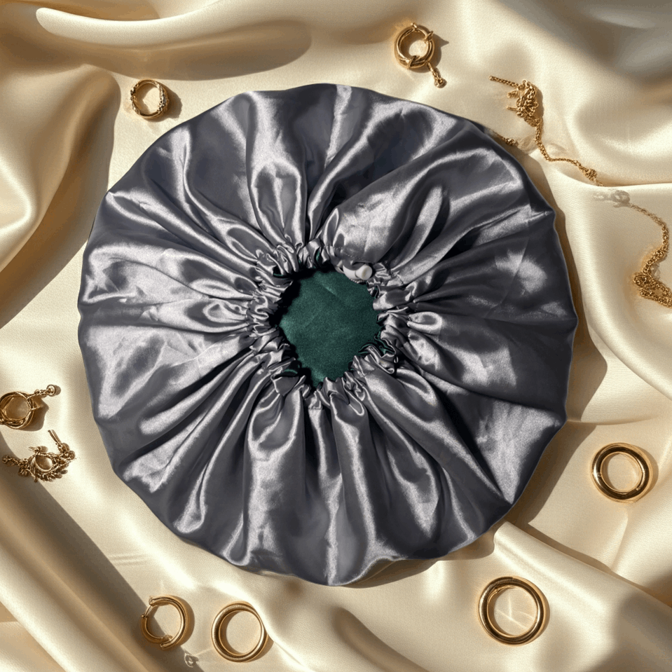 Emerald & Silver – Reversible Satin Bonnet | Adjustable Drawstring Hair Protection