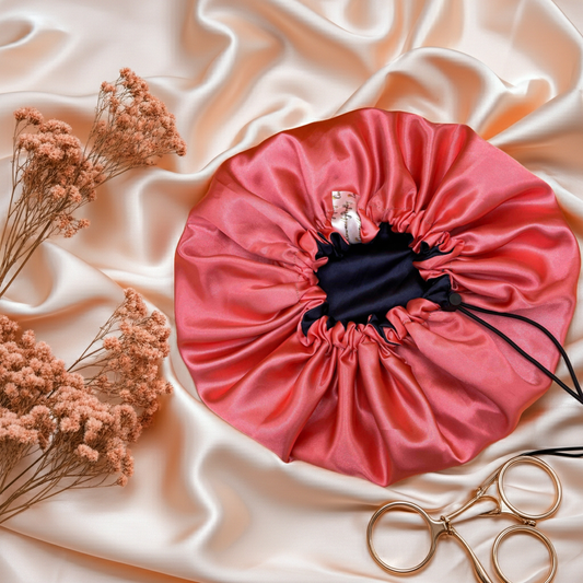 Black and Peach Pink - Satin Bonnet Drawstring