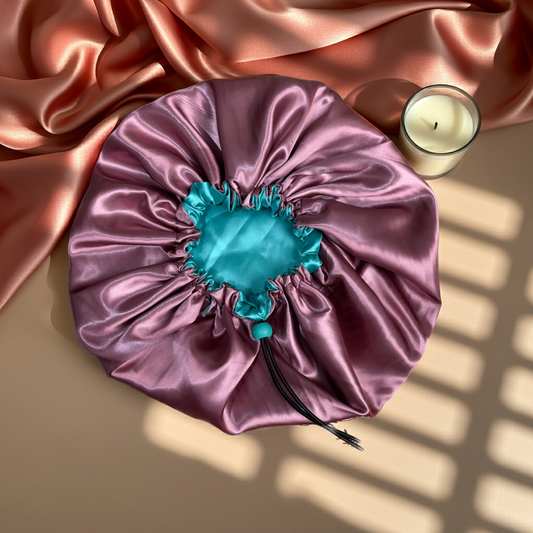 Dusty Rose & Aqua – Reversible Satin Bonnet (Adjustable Drawstring)