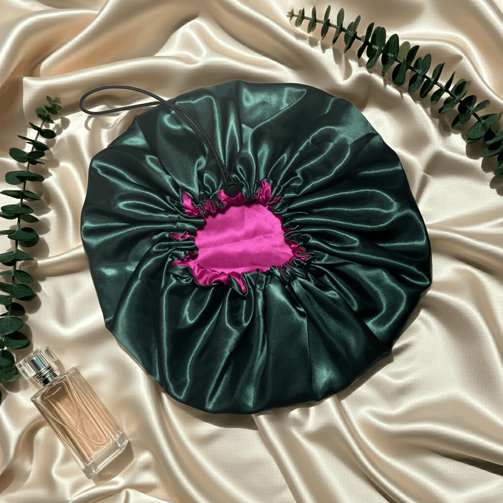 Green satin hair bonnet with pink interior on a beige fabric background with a perfume bottle and leaves.
