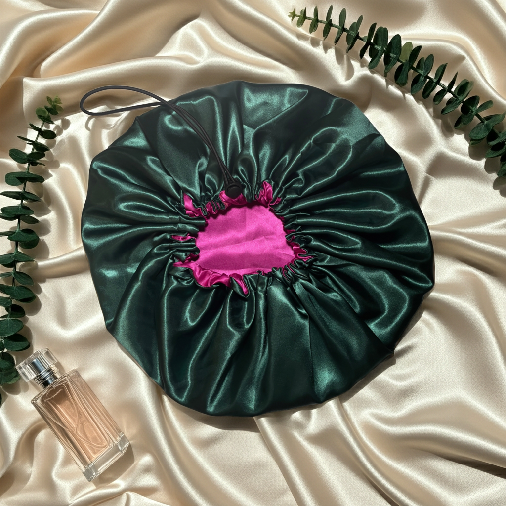 Green satin hair bonnet with pink interior on a beige fabric background with a perfume bottle and leaves.