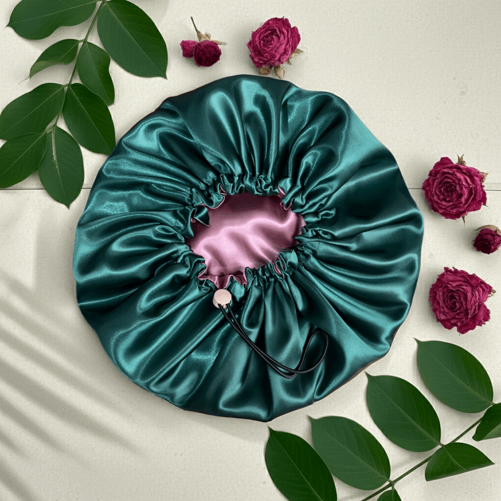 Teal satin drawstring bag with pink interior on a light surface with green leaves and red roses.