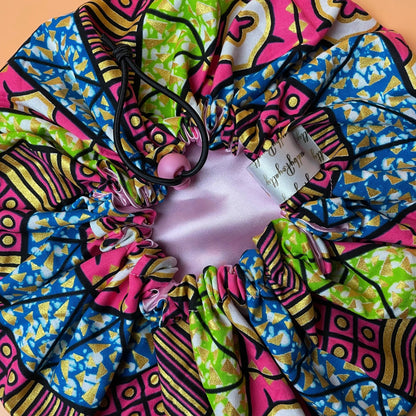 Ankara Satin - Lined Hair Bonnet - Drawstring Bonnet - Crowned by RoyaltyKids