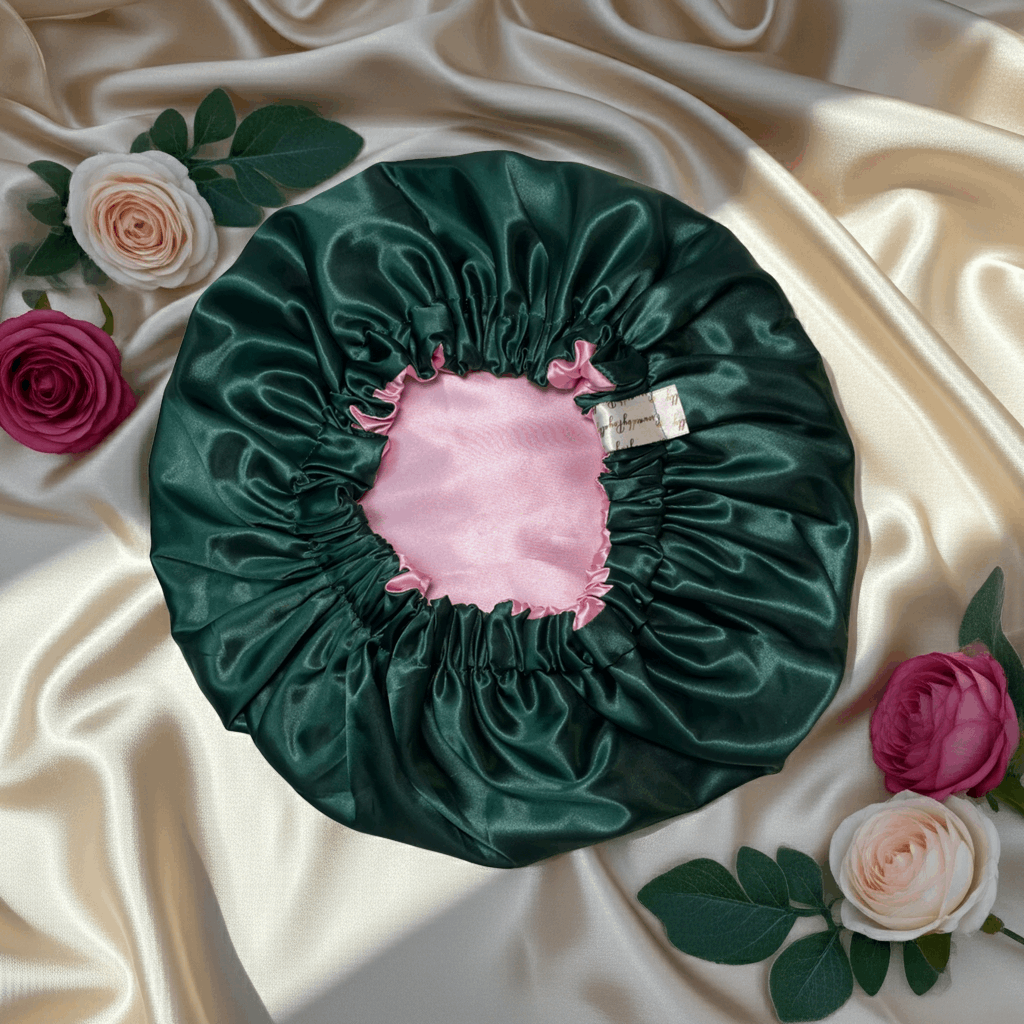 Green satin bonnet with pink interior on a beige fabric background with flowers