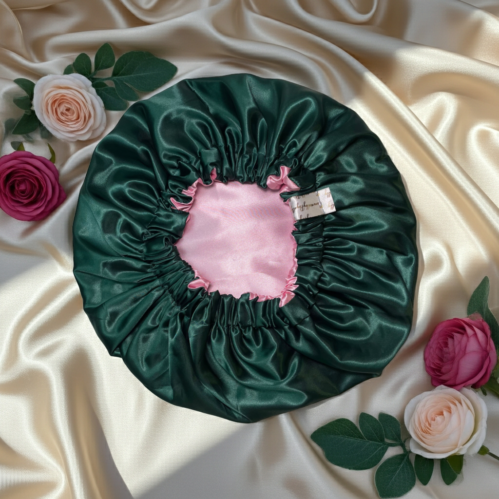 Green satin bonnet with pink interior on a beige fabric background with flowers