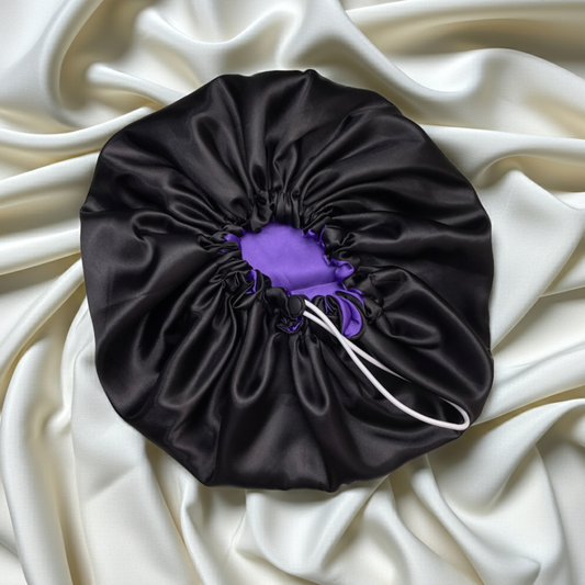 Purple & Black Reversible Satin Bonnet – Dual Colour Adjustable