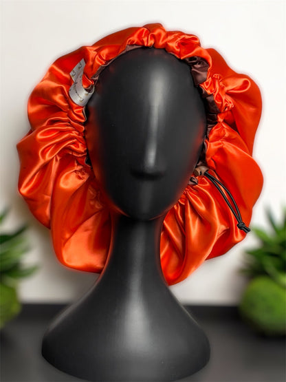 Chocolate Brown and Orange - Adjustable Satin Drawstring Bonnet - Crowned by Royalty