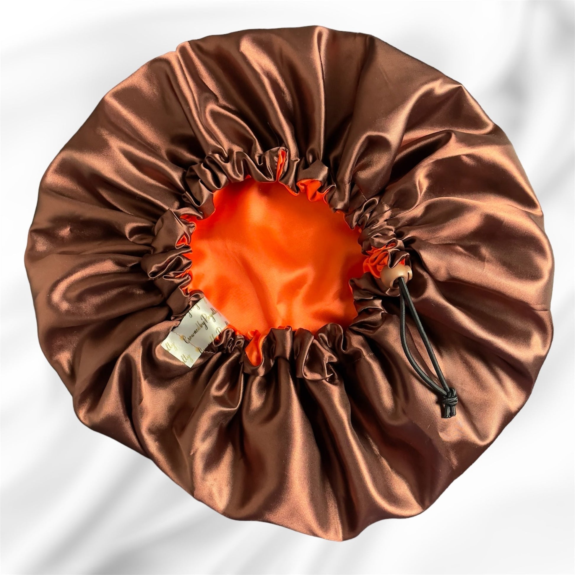 Chocolate Brown and Orange - Adjustable Satin Drawstring Bonnet - Crowned by Royalty