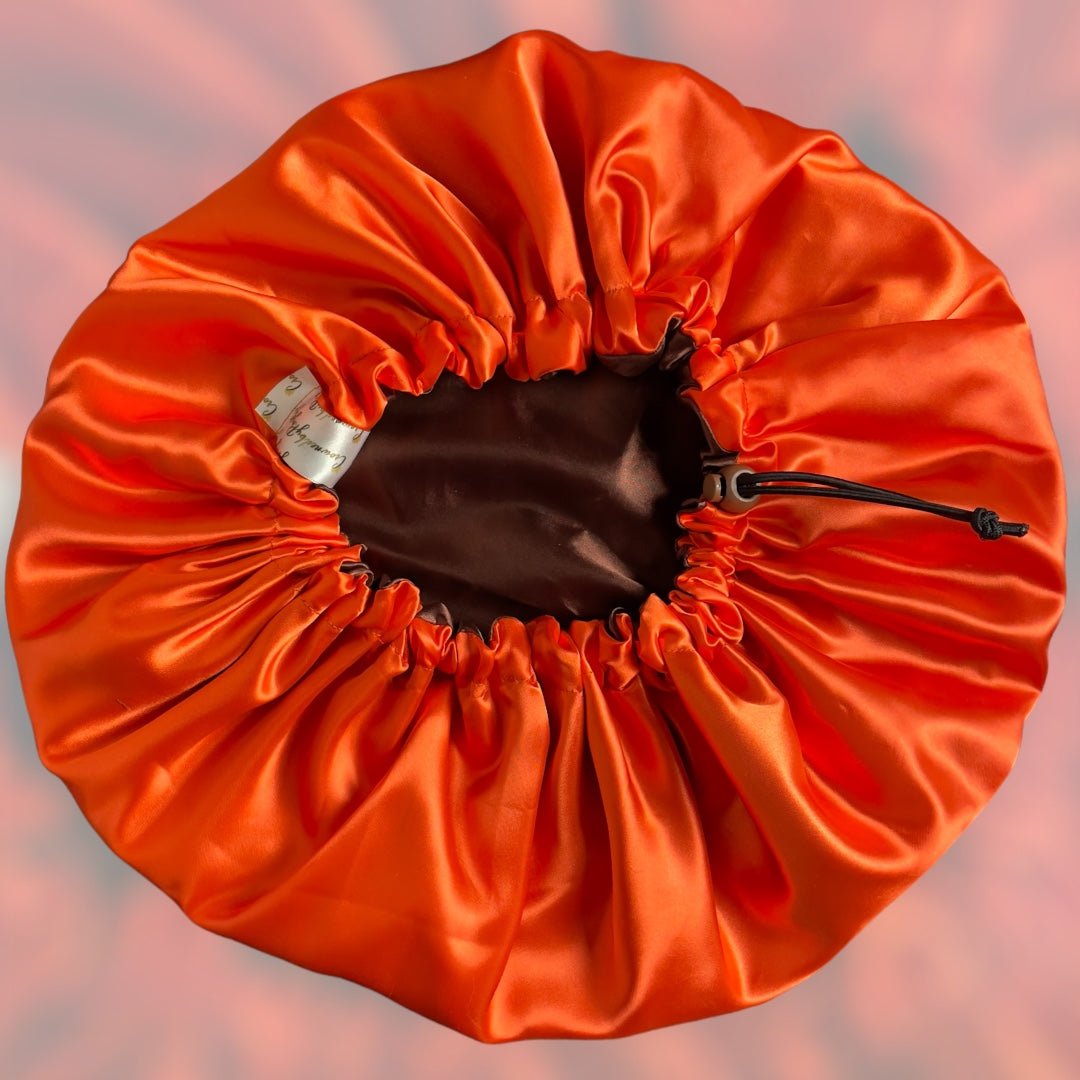 Chocolate Brown and Orange - Adjustable Satin Drawstring Bonnet - Crowned by Royalty