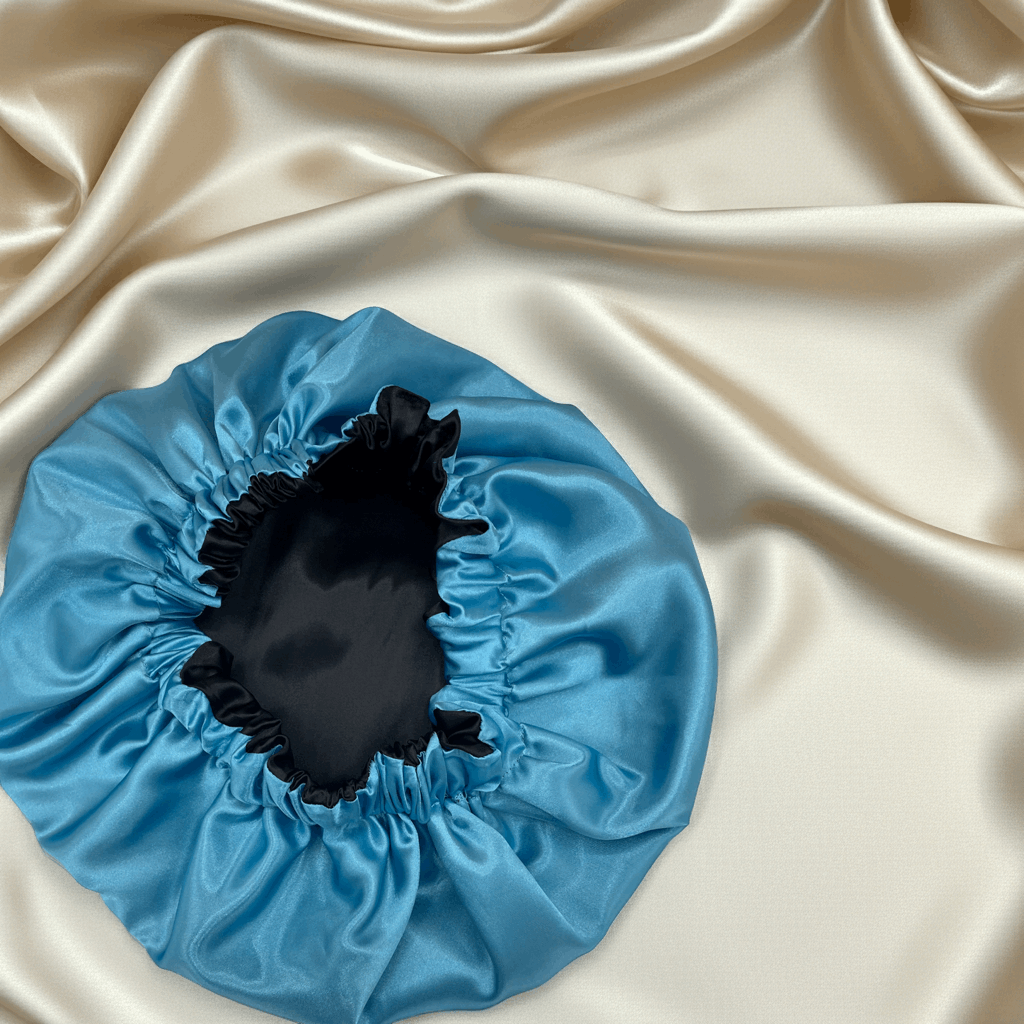 Blue satin hair bonnet on beige satin fabric