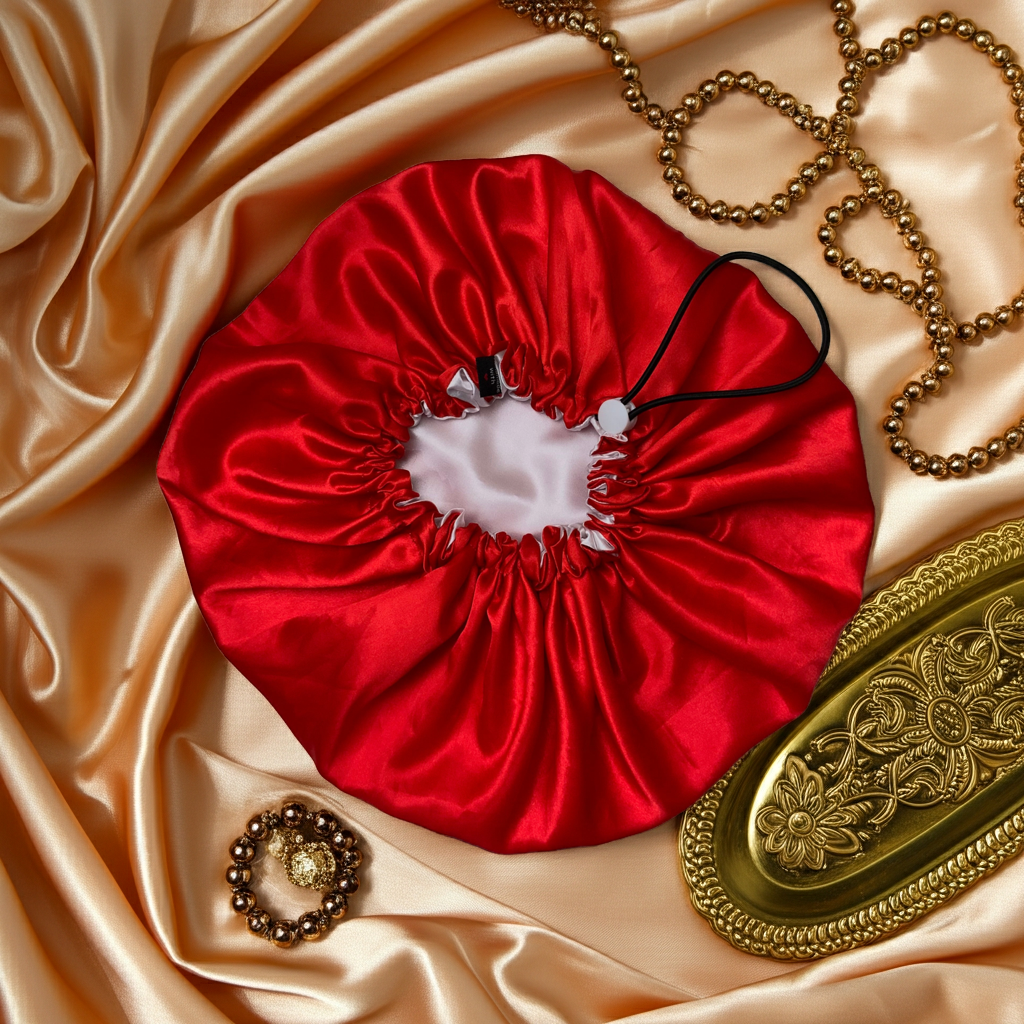 Red satin hair bun maker on a beige satin surface with gold jewelry.