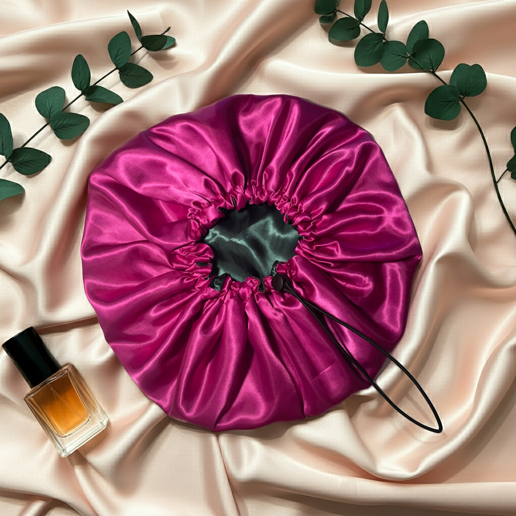 Pink satin drawstring bag on a beige fabric background with a bottle of perfume and green leaves.