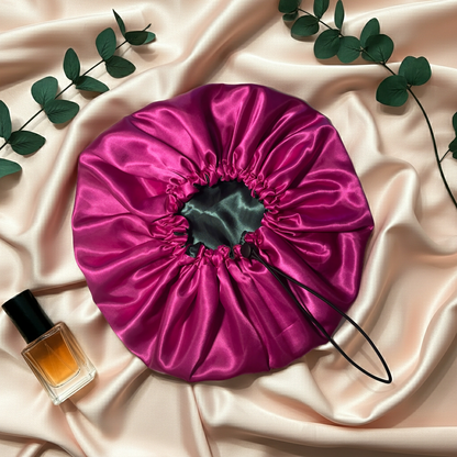 Pink satin drawstring bag on a beige fabric background with a bottle of perfume and green leaves.