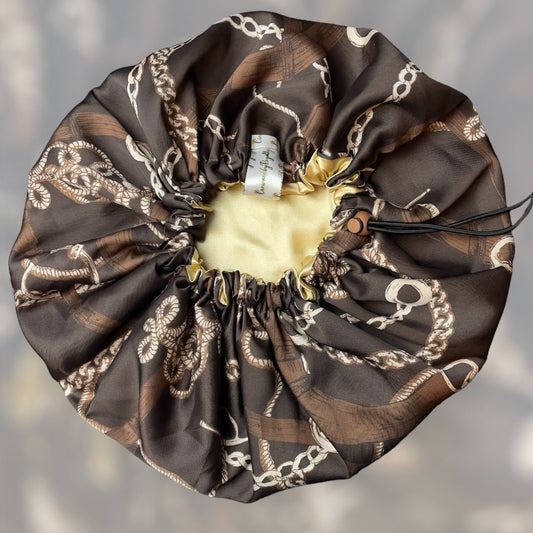 Golden Chain Satin Bonnet – Adjustable Drawstring, Reversible - Crowned by Royalty