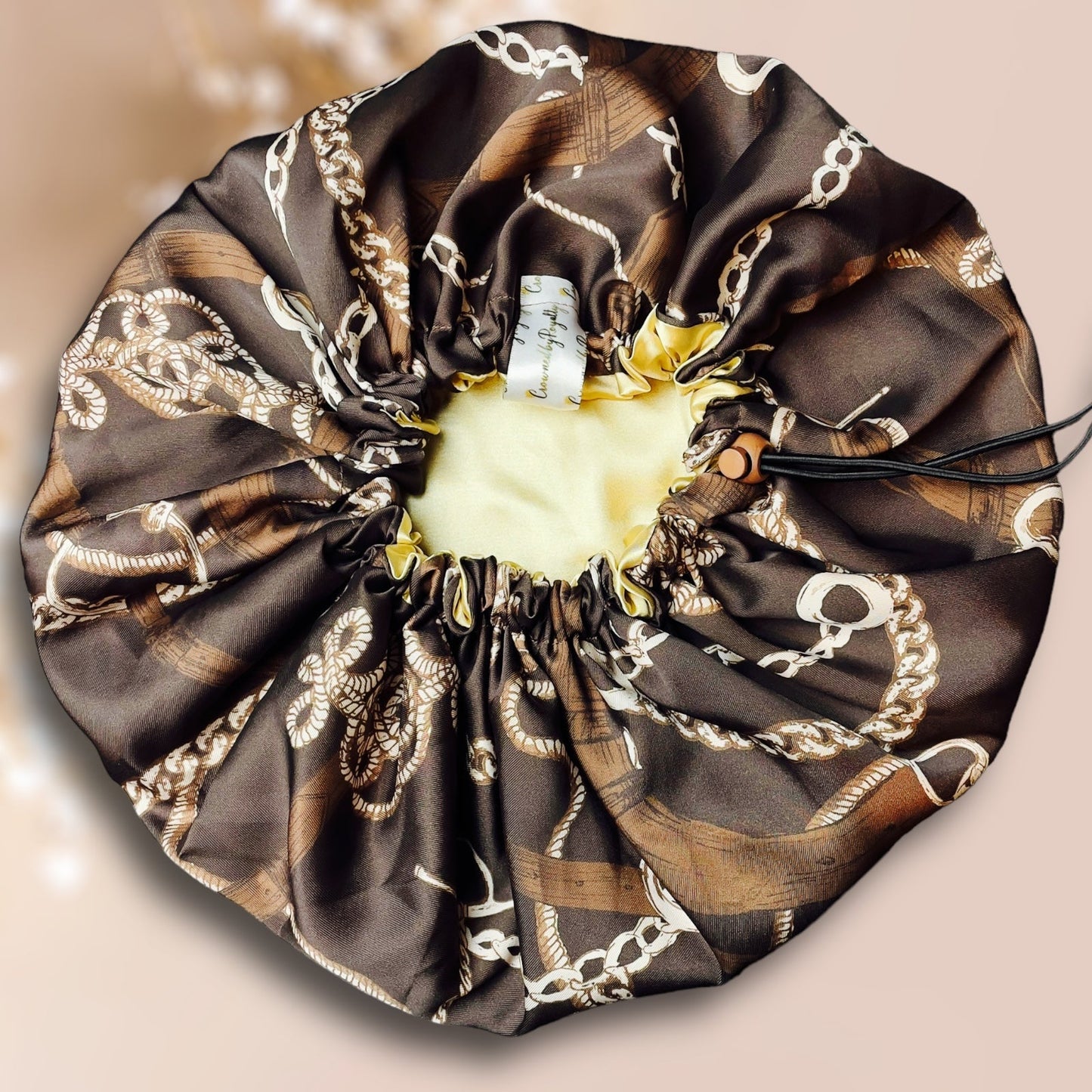 Golden Chain Satin Bonnet – Adjustable Drawstring, Reversible - Crowned by Royalty