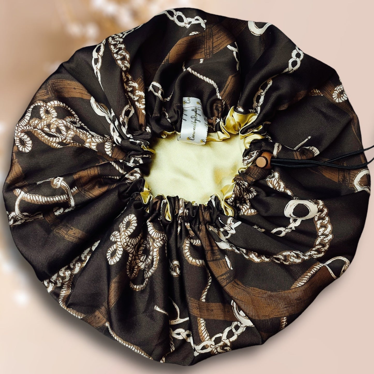 Golden Chain Satin Bonnet – Adjustable Drawstring, Reversible - Crowned by Royalty