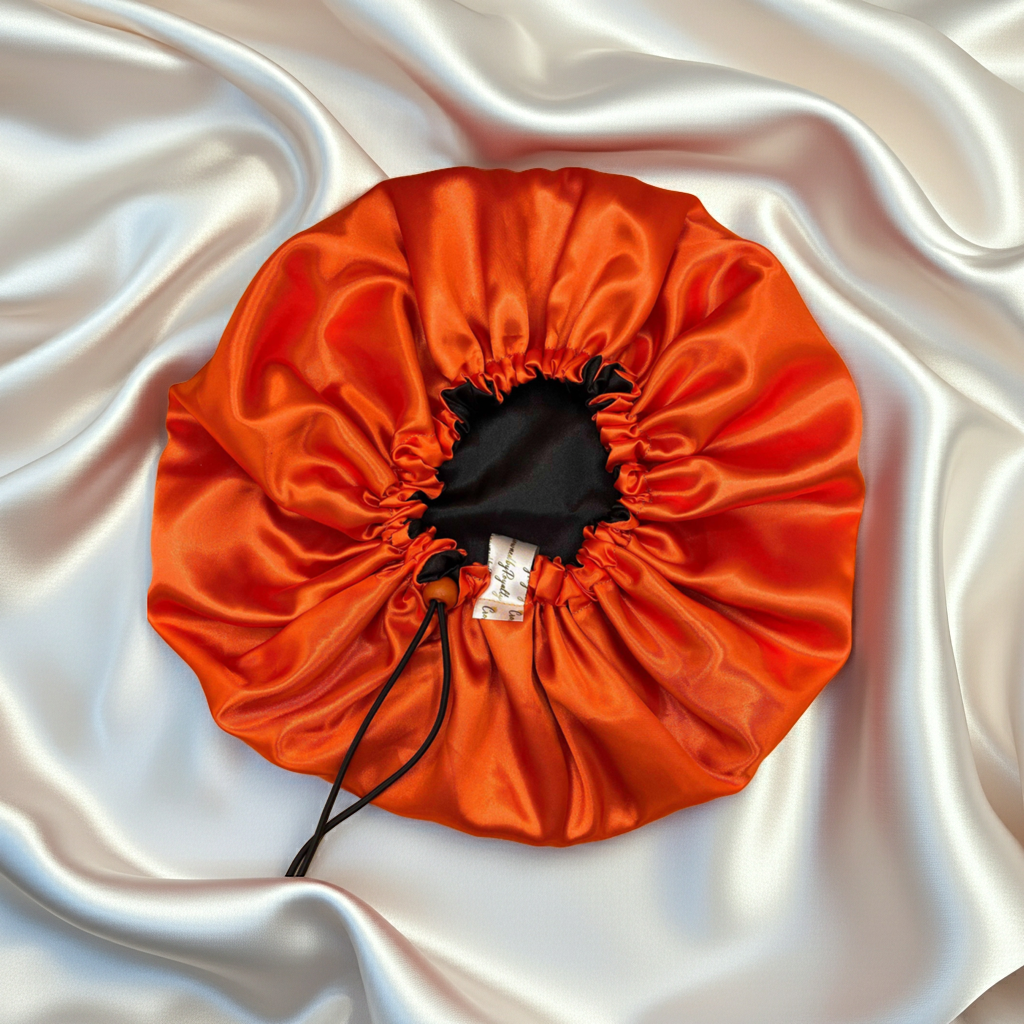 Orange drawstring bonnet on a white satin background