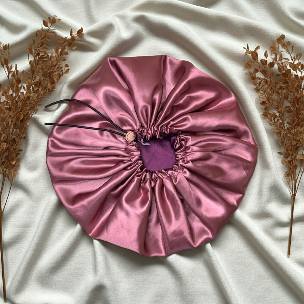 Pink satin drawstring bag on a light fabric background with dried plants.