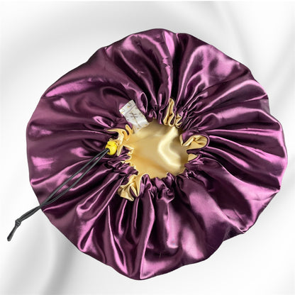 Luxurious Burgundy and Gold Satin Drawstring Bonnet - Adjustable, Double - layered Hair Protection - Crowned by Royalty