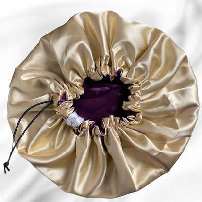 Luxurious Burgundy and Gold Satin Drawstring Bonnet - Adjustable, Double - layered Hair Protection - Crowned by Royalty