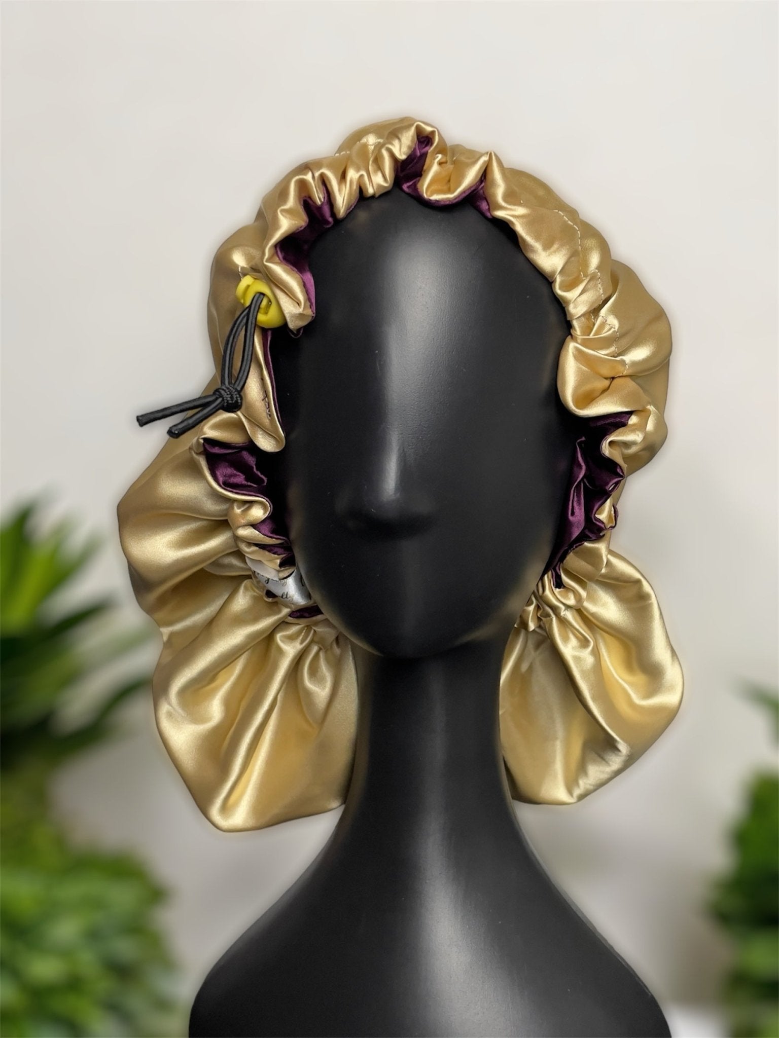 Luxurious Burgundy and Gold Satin Drawstring Bonnet - Adjustable, Double - layered Hair Protection - Crowned by Royalty