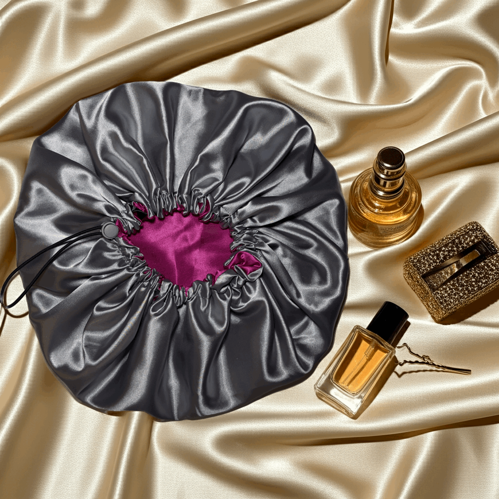 Silver drawstring bonnet with pink interior on a beige background