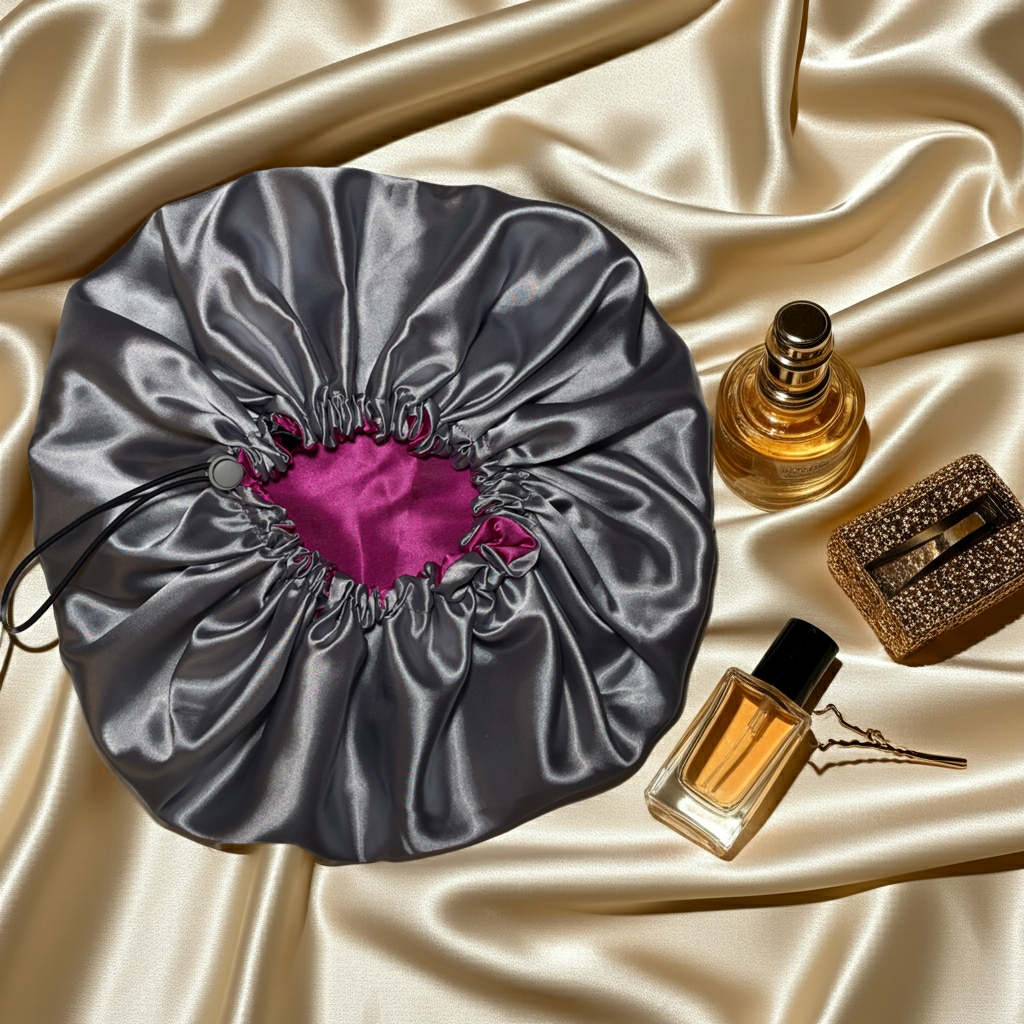 Silver drawstring bonnet with pink interior on a beige background