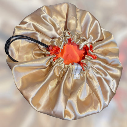 Reversible Satin Drawstring Bonnet - Gold and Orange - Crowned by Royalty