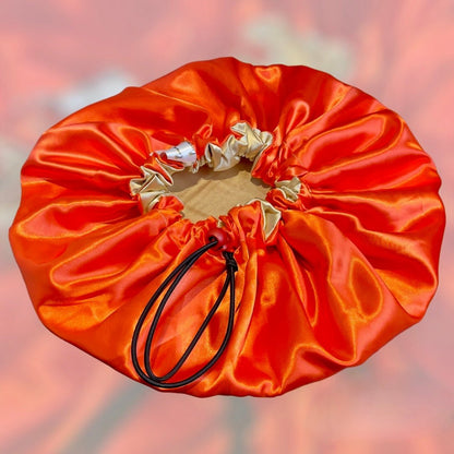 Reversible Satin Drawstring Bonnet - Gold and Orange - Crowned by Royalty