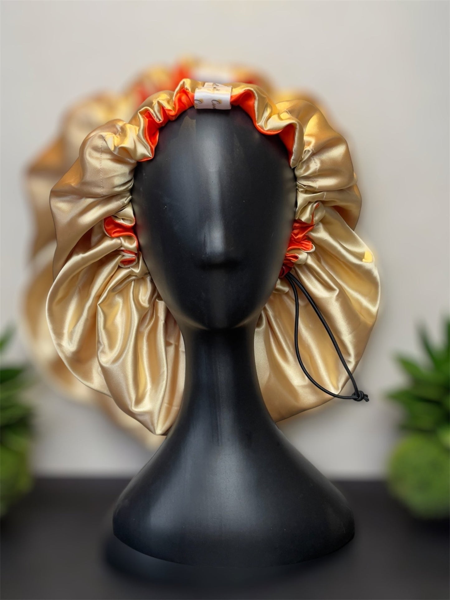 Reversible Satin Drawstring Bonnet - Gold and Orange - Crowned by Royalty