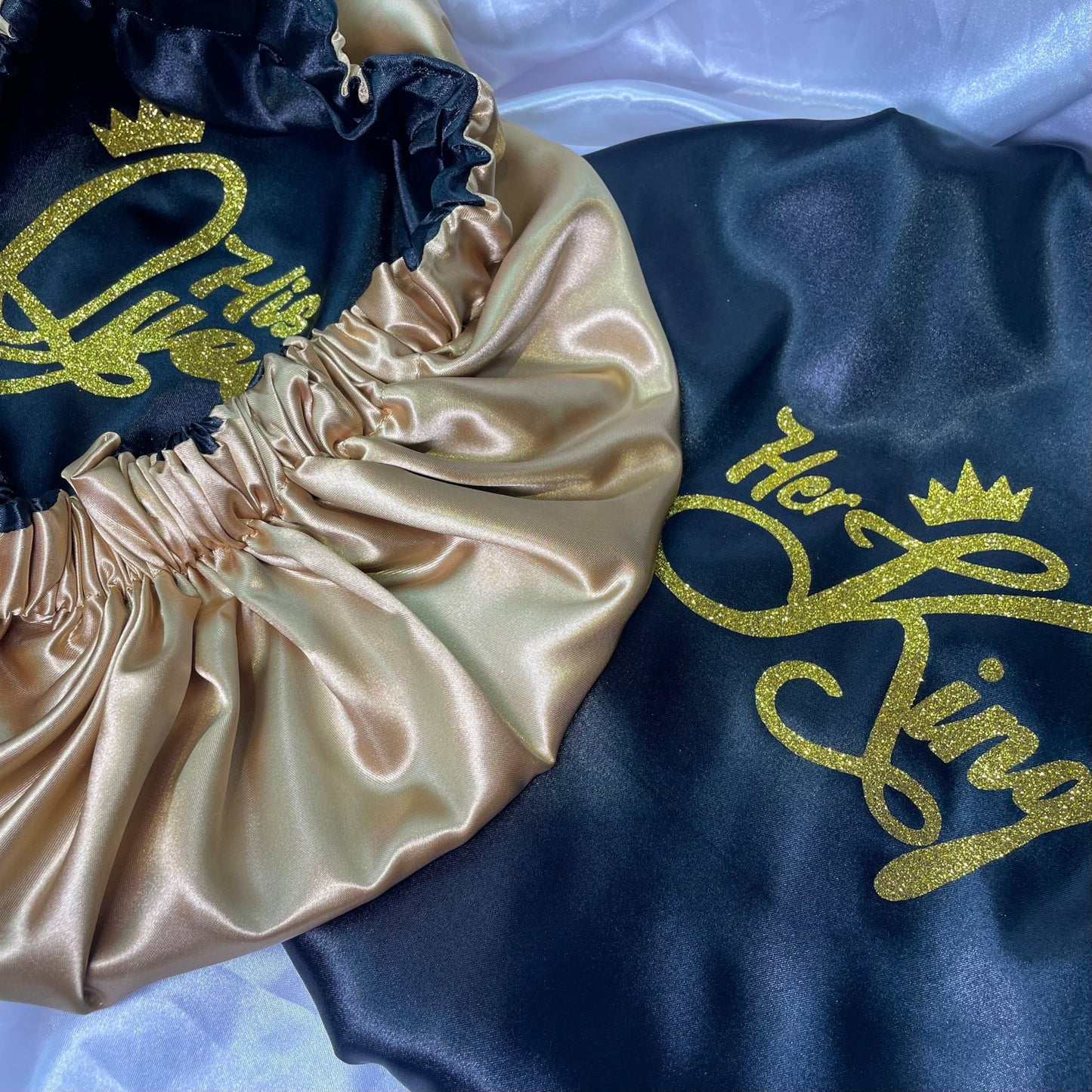 Royal Satin Bonnets – ‘Her King’ & ‘His Queen - Crowned by RoyaltyGold