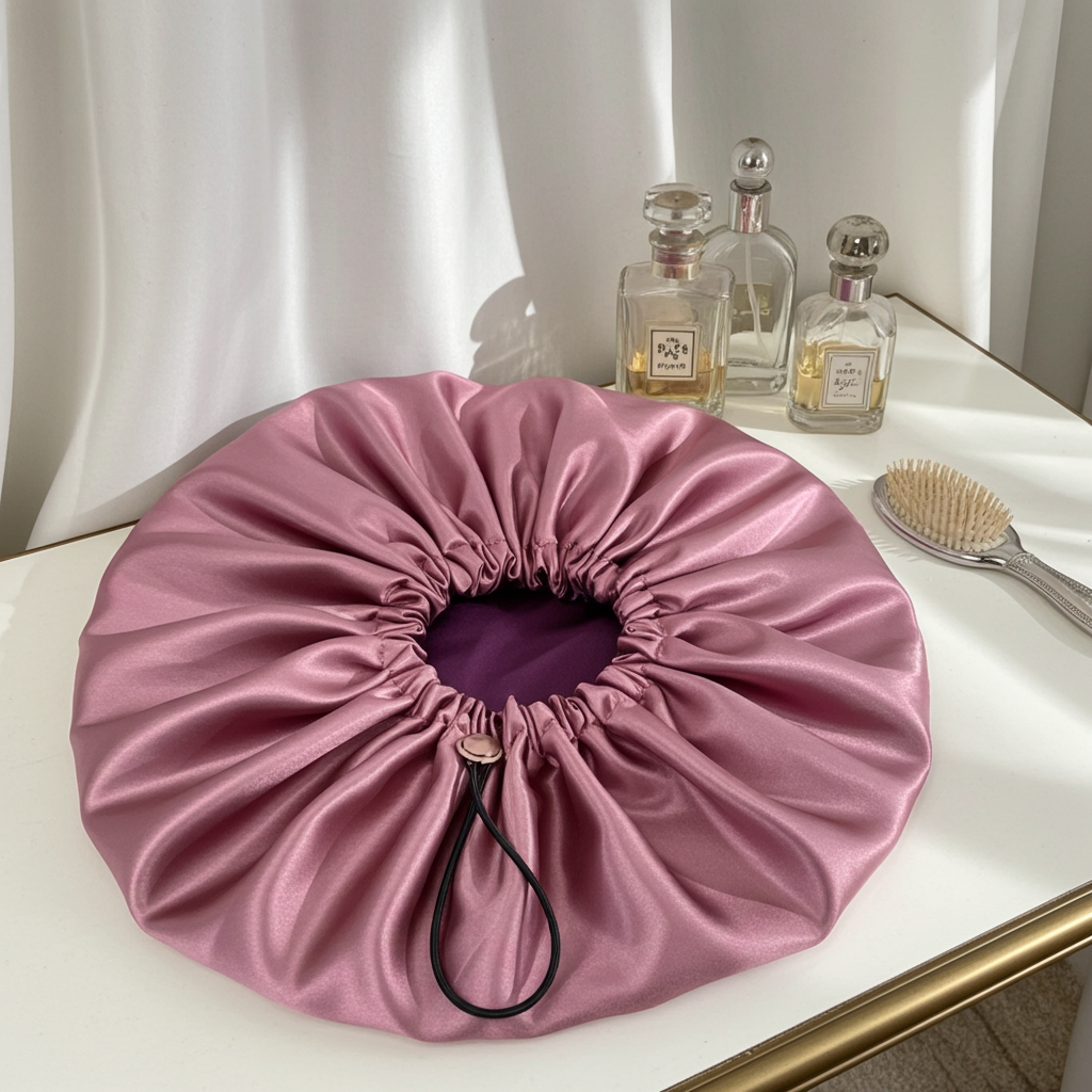 Pink drawstring bag on a white surface with perfume bottles and a hairbrush in the background.