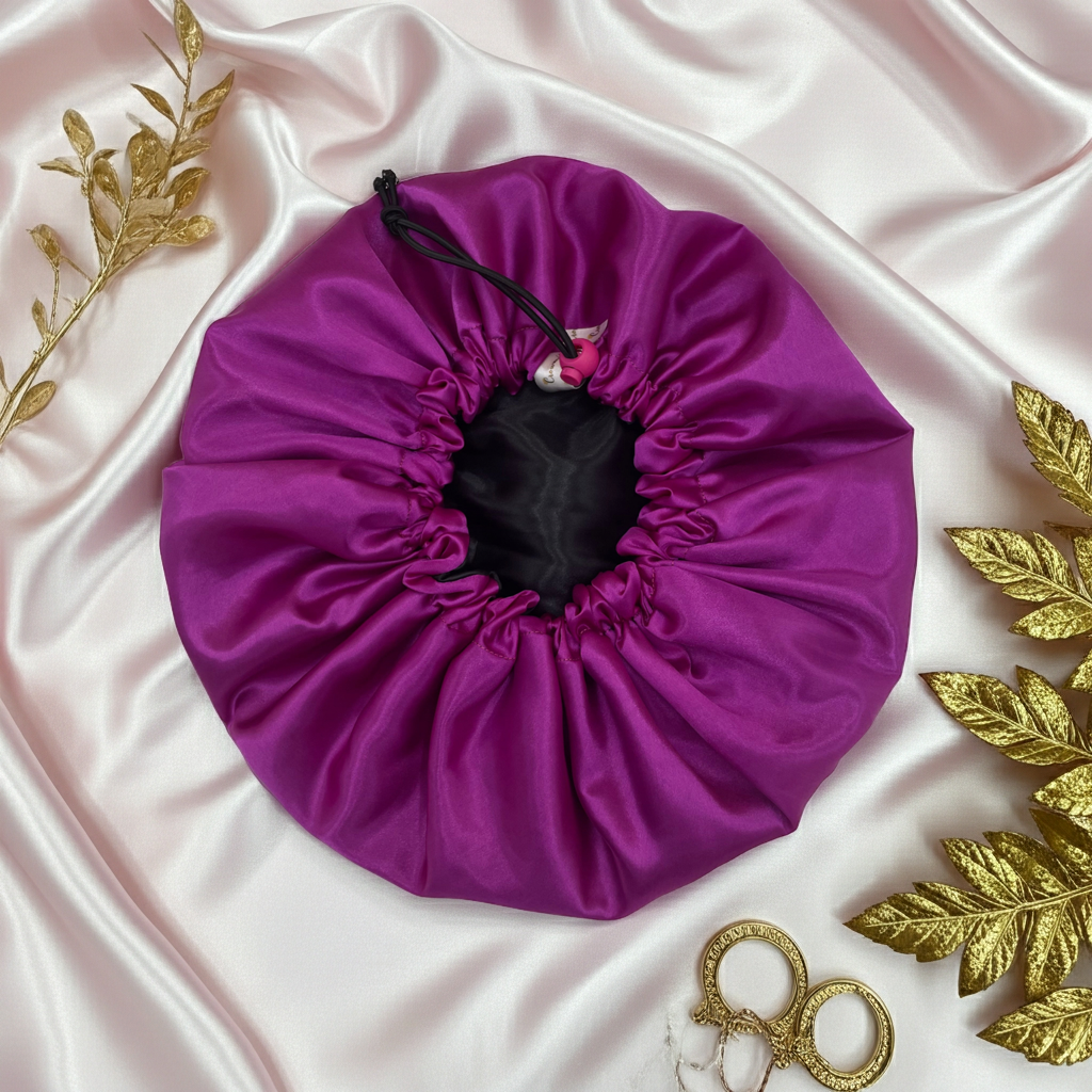 Purple drawstring bag on a satin surface with gold leaves and scissors.