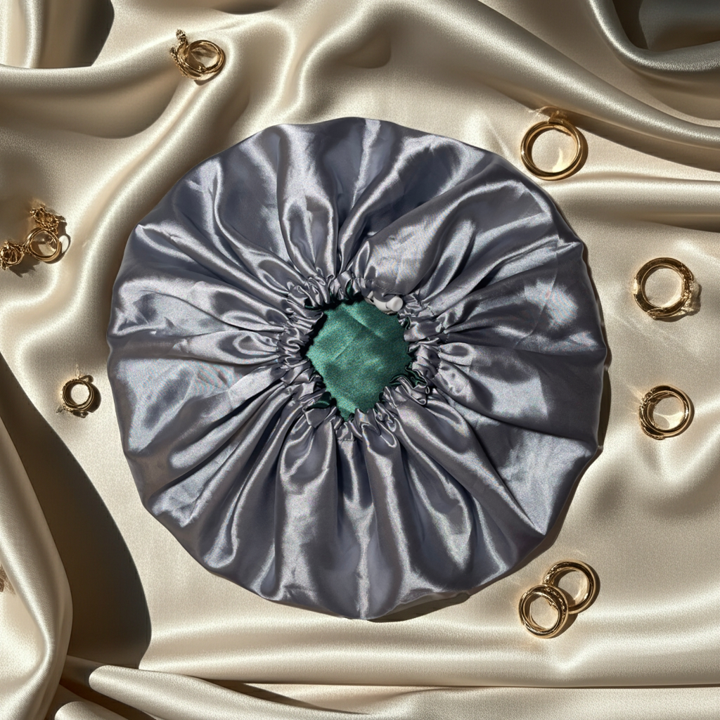 Silver satin bonnet with green center on a beige satin background with gold rings.